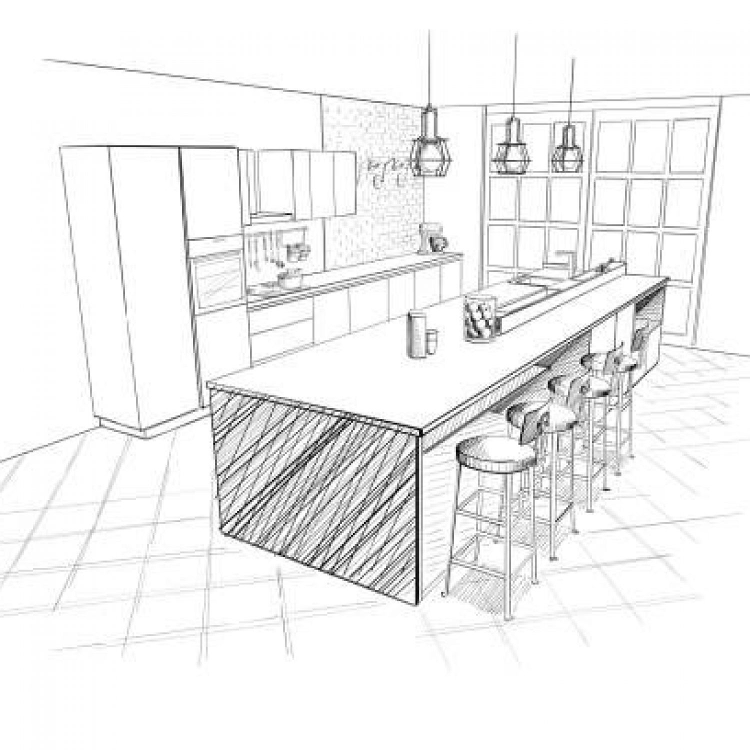 Interior sketch of modern kitchen with island.